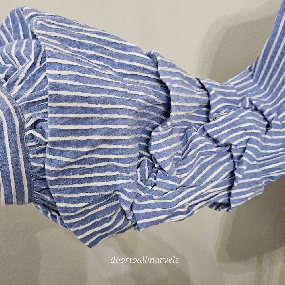 WHBM Seersucker Blouse Statement Ruffle Sleeve Smocked Waist Coastal sz 12 NWT - Picture 11 of 16